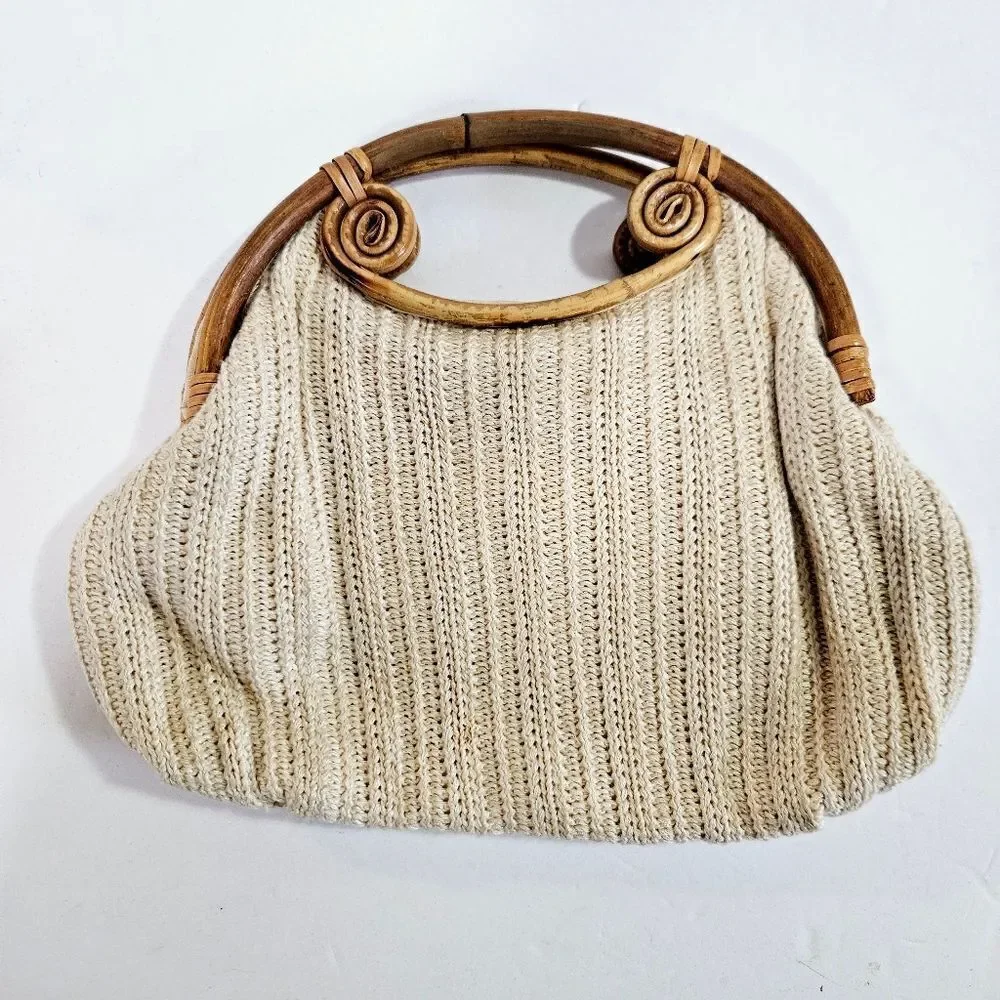 Vintage Hand Made '60s Cream Crochet Knit Boho Bamboo Handles Handbag Purse Bag